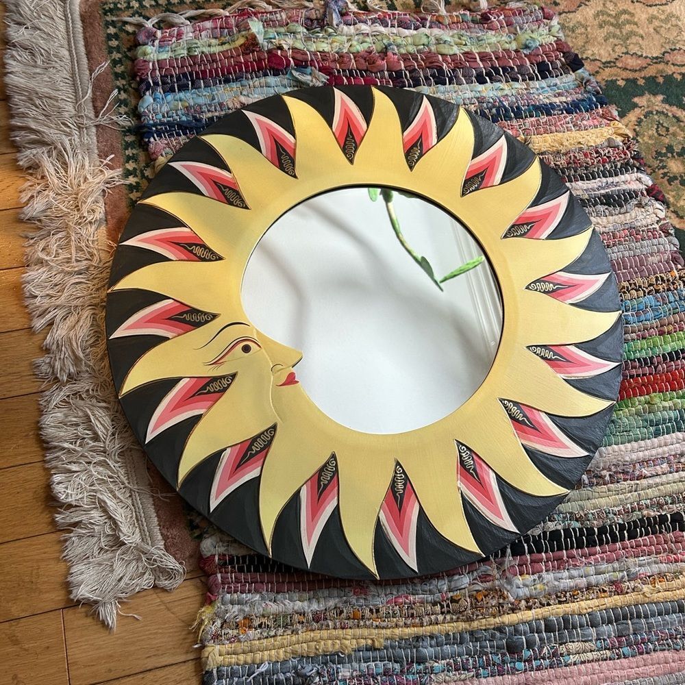 Artistic Wooden Sunburst Mirror with Vibrant Colors Indonesia